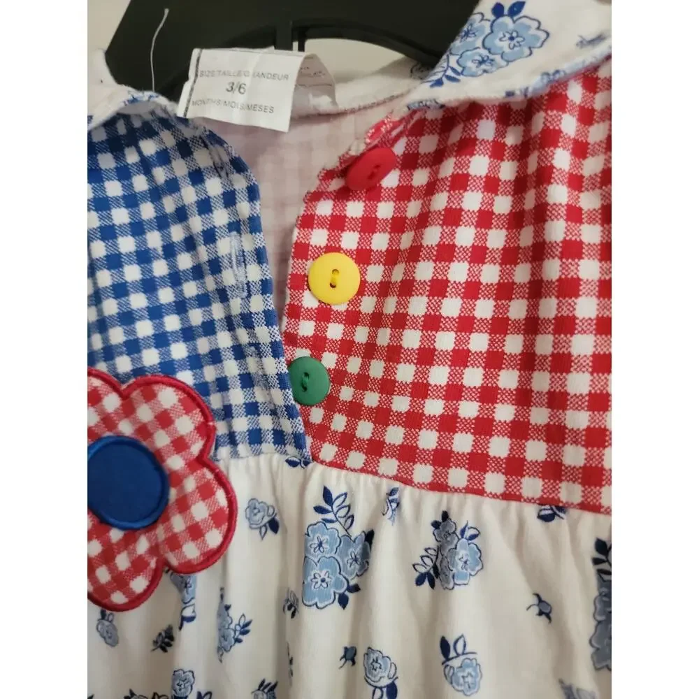 Vintage Baby Romper 3-6M Patchwork Gingham Plaid Floral One Piece Short Sleeve